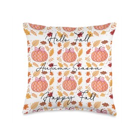 Pink Pumpkins, Fall Leaves, Plaid, Autumn Season Decoration Throw Pillow