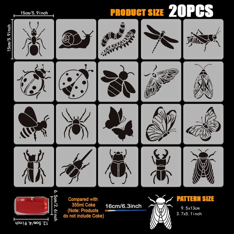 FINGERINSPIRE 20 Pcs Animal Painting Stencil with Brush 15x15cm Butterfly