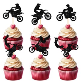 Cupcake Topper for Race Car Racing Sport Let’s Crazy Motorcycle Theme Party Favors Decorations Men Women Kids Happy Birthday Party Decor Supplies set 18pcs Black Silhouette Glitter