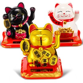 Wovnet 3 Pcs 2.95" Christmas Lucky Cat Waving Arm Maneki Neko Lucky Cat New Year Solar Feng Shui Fortune Wealth Chinese Welcoming Window Sun Catcher Car Dashboard Decor(Trendy Color)