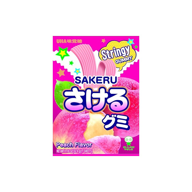 UHA Mikakuto Sakeru Stringy Gummy Peach 1.16 OZ (Pack of