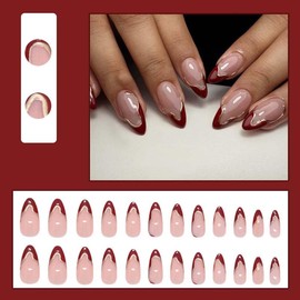 Press on Nails Short Almond LINMEIZAI Fake Nails Press ons Nail Tips Glue on Nails Full Cover Acrylic Nail Kit False Nails 3D Nail Art with Glitter Red Design Stick on Nails for Women Manicure 24Pcs