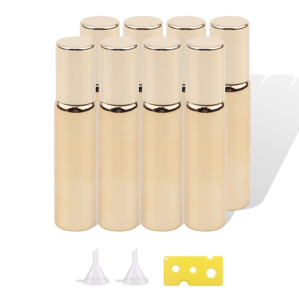 JIUWU 10ml 1/3 Oz Glass Essential Oil Roll-on Bottle Shiny Gold Massage Eye Sub-bottled Vials with Stainless Steel Ball 2 Funnels + 1 Opener, Pack of 8