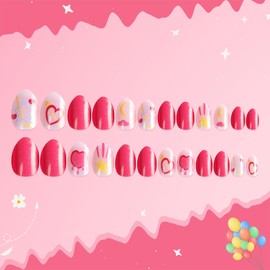 Kawyehu Kids Press on Nails Almond Children Fake Nails Artificial Nail Tips Adhesive Full Cover Short False Fingernails for Girls Kids Nail Decoration (Sweet Heart)