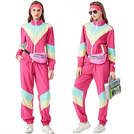 Ladhow 80s Track Suit for Women 80s 90s Outfit Retro Windbreaker 2 Piece Color Block Tracksuit Jacket Sweatpants Set