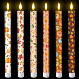Grinsvalley 6 Pack Fall Flameless Taper Candles 10.6'' Plastic LED Candles 3D Wick Flickering Electric Tall Candlesticks Battery Operated for Christmas Fall Autumn Home Party Decor