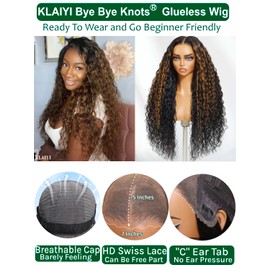 KLAIYI Ombre Brown Water Wave Bye Bye Knots Glueless Wig Human Hair Pre Cut 7x5 Lace Front Wigs Drawstring Pre Plucked Bleached Highlight Balayage Curly Ready to Wear and Go Wig with Dark Roots 18Inch