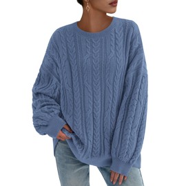 KIRUNDO Oversized Cable Knit Sweater Women 2025 Early Fall Fashion Chunky Cozy Long Sleeve Crewneck Pullover Winter Clothing(Blue, Small)