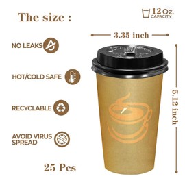 12 oz Disposable Coffee Cups with Lids 25 Pack,To Go Paper Coffee Cups for Hot & Cold Beverages, Coffee, Tea, Hot Chocolate, Water or Juice, Coffee Cups for Home, Office, Store and Cafe