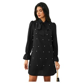 WDIRARA Women's Pearl Decor Flare Long Sleeve Mini Dress Bow Tie Front Dress Black Medium