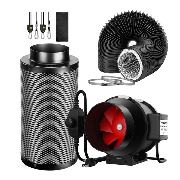 VIVOSUN Air Filtration Kit, 6” 390 CFM Inline Ventilation Fan with Speed Controller, 6” Black Carbon Filter and 8’ of Black Ducting for Grow Tent, Planting Room, Air Circulation