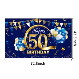 Kauayurk Decoración de pancarta de feliz cumpleaños azul para hombres, telón de fondo de cumpleaños azul y dorado, suministros de fiesta, decoración de letrero de fondo de fotos de cumpleaños (azul 50)