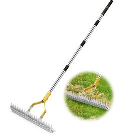 Trydream Thatch Rake, 15 Inch Wide Lawn Thatching Rakes for Cleaning Dead Grass, Efficient Metal Steel Lawn Dethatcher with Sponge Handle, Lawn loosening Soil Grass Rake (Silver)