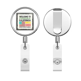 Pomona Grunge Travel Postage Stamp Round ID Badge Key Card Tag Holder Badge Retractable Reel Badge Holder with Belt Clip