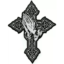 Nixon Thread Co. Praying Hands Cross Patch 14" | Religious Christian Catholic Celtic Embroidered