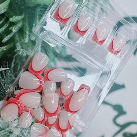 Christmas Press on Nails Short Square False Nails French Snowflake Design Xmas Fake Nails Glossy Sparkly Pink French Nail Tip Acrylic Nails Full Cover Glue on Nails for Women Winter Manicure 24Pcs