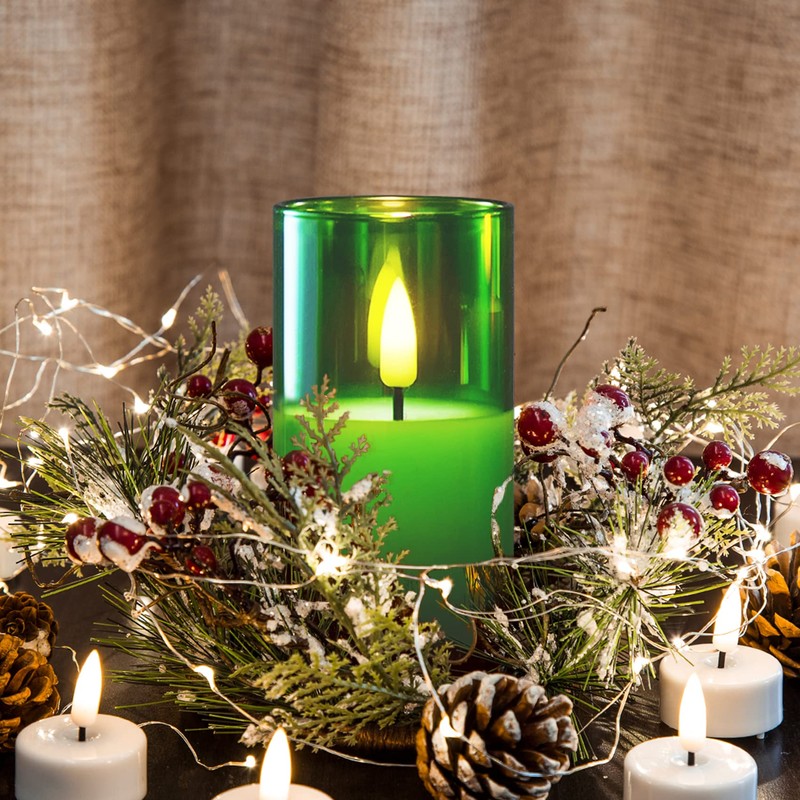 Girimax Green Glass Flameless Candles with Remote, Flickering LED Votive