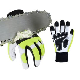 Vgo 1-Pair Chainsaw Gloves,12-Layer Chainsaw Protection on Left Hand Back,Safety Goat leather Work Gloves,Mechanic Gloves(Size M, Hi-Viz Green, GA9767CS)