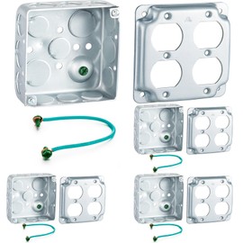 Copkim 4 Packs 4" Square Metal Receptacle Electrical Box with Exposed Work Cover Grounding Wire and Screw Galvanized Steel Metal Junction Box Ten 1/2'' and Six 3/4'' Knockouts (2 Duplex)