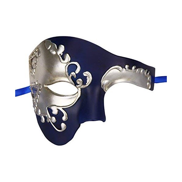 Vintage Design Half Face Men's Phantom Of The Opera Venetian Carnival Masquerade Mask (Blue & silver)