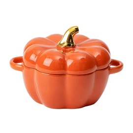 FYUEROPA Ceramic Pumpkin Bowl, Individual Casserole, Baking Bowl for Oven Bakeware with Lid 14 Oz, Orange (Orange)