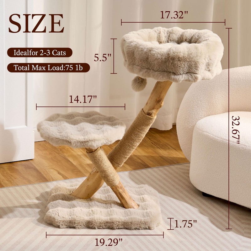HITTITE Natural Solid Wood Cat Tree Tower with Scratching Post,