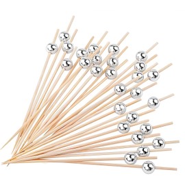 100PCS Cocktail Picks, Decorative Skewers for Appetizers Drinks Party Fruit, Fancy Toothpicks for Appetizers, 4.7 Inch Long Wooden Bamboo Silver Ball Food Sticks Charcuterie Boards Accessories