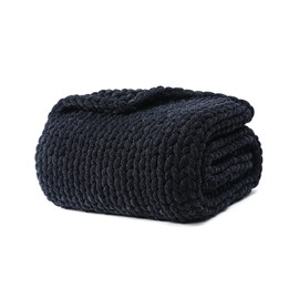 YnM Chenille Weighted Blanket, Handmade Chunky Knitted Design, Soft and Cozy, Temperature Regulating and Breathable, Machine Washable Throw for Sleep or Home Decor (Black Blue, 50x60 Inch, 10lbs)