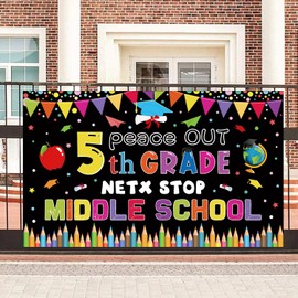 5th Grade Graduation Decorations, XtraLarge Peace Out 5th Grade Banner, 71 x 43 Inch – Next Stop Middle School Backdrop, Class of 2025 Party Decorations, Classroom Banner