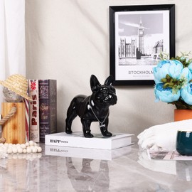 Standing French bulldog statue 9-12in Resin Dog Animal Sculpture with Silver Necklace Necklace Living Room Coffee Table Kitchen Countertop Bedroom Bathroom Cabinet Home Decor (Black,7.9*3.9*9.5in)