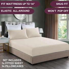 NIM TEXTILE Luxury Sheets 1900 TC Softness Deep Pocket 3pc Fitted Sheets Set - 1 Fitted Sheet and 2 Pillowcases - Milano Collection Bedding - Beige, Queen