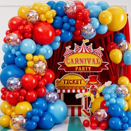 ALL-IN-1 Circus Balloons Arch Kit & Garland for Carnival Party Decorations Theme – Primary Color Balloons in Red Blue Yellow & Rainbow Confetti – Baby Shower Circus Birthday Party Supplies