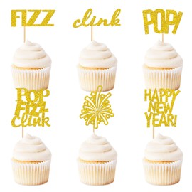 Keaziu 24 Pcs Happy New Year Cupcake Toppers Welcome 2024 Picks Fireworks FIZZ POP Clink Cupcake Toppers for Congratulations 2024 Happy New Year Eve Holiday Theme Holiday Party Decoration POP Gold