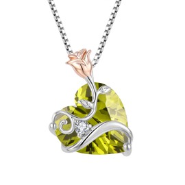 Oskani Rose Flower Birthstone Heart Necklaces for Women, 925 Sterling Silver 5A Cubic Zirconia August Birthstone Pendant Peridot Color Jewelry, Anniversary Birthday Gifts for Wife Mom Her