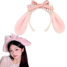 HAPVITAL Rabbit Headband, Headdress, Ribbon, Hair Band, Pink, Rabbit Ears, Halloween, Bunny, Rabbit Headband, Costume Accessories, Events, Cosplay, Adults, Kids, Animal Headband, Cute, Recital (Pink)