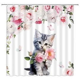 UOZXOML Cute Cat Shower Curtain Watercolor Rose Floral Butterfly Lovely Kitten Rustic Animal Vintage Wildflower Fabric Bathroom Decor Curtains with Hooks,70 x 70