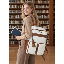 Shrrie Laptop Backpack for Women 16 Inch,Vegan Leather Travel Backpack Purse Work Business Computer Backpacks Teacher Nurse College Laptop Bookbag Casual Daypack,Beige with Brown