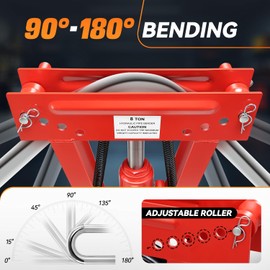 Auto Dynasty 8 Ton Hydraulic Pipe Bender, Piping Bending Exhaust Tube Fabric w/3 Dies(1/2", 3/4", 1"), Manual Copper Tubing Bender Tool 90°-180° Adjustable Rollers Steel Iron Metal Ratcheting, Red