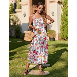 Zeagoo Vacation Dresses for Women Beach Vacation Travel Dress Floral Bohemian Sleeveless Flowy Dress White Pink Floral XL