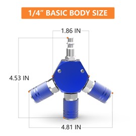 GASHER Blue 3-Way 1/4 Inch NPT Aluminum Hex Style Air Manifold with 3 Pieces Steel Industrial Coupler and Plug, Air Compressor Hose Accessories Quick Connect Fittings Air Splitter