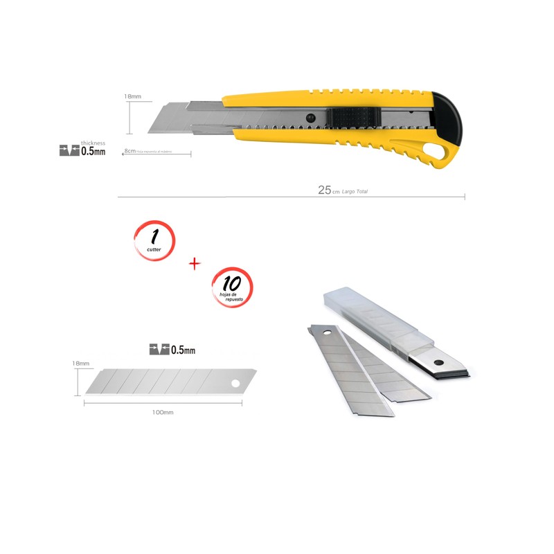 Cutter Reforzado Alma Metálica Incluye 10 Navajas Repuestos