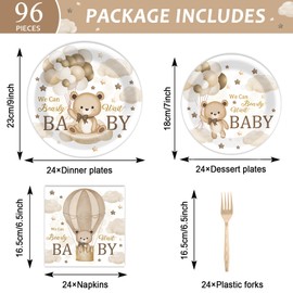 96Pcs We Can Bearly Wait Party Tableware Set Baby Shower Party Supplies Includes Plates Napkins Forks Bearly Wait Party Dinnerware Set Brown Bear Theme Party Decoration for Baby Shower Party Serve 24