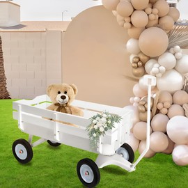 All-Terrain Wagon,Heavy Duty White Wedding and Flower Girls Wagon 33 Inch Steel & Wood Pull-Along Cart with Wide Grip Handle Wooden Stake Sides and Wheels,Ideal for Outdoor Wedding