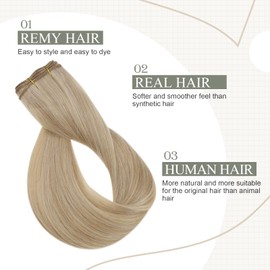 Fshine Real Hair Wefts 22 Inches / 55 cm Extensions Highlights Colour 16 Golden Blonde Highlighted 22 Light Blonde Weaving Hair Extensions Straight Remy Real Hair Bundles Salon Quality Soft 100 g