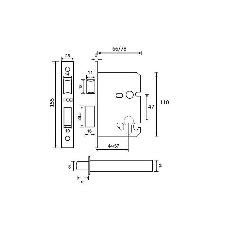 Fire Rated Euro Profile Sashlock Case 63 mm (44 mm