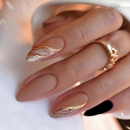Brown Press on Nails Almond Shaped Fake Nails Medium Glossy Stick on Nails Natural Color Full Cover False Nails Artificial Acrylic Glue on Nails for Women Reusabl Almond Nails Set 24Pcs