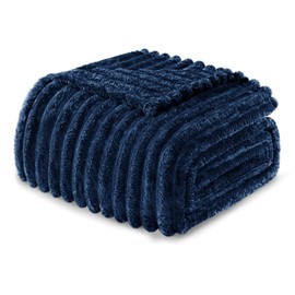 Exclusivo Mezcla Queen Size Flannel Fleece Blanket, Super Soft Striped Jacquard Bed Blanket, Lightweight Fuzzy Cozy for All Seasons, 90x90 Inches, Navy Blue