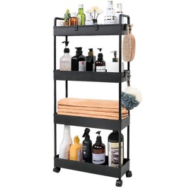 Holiday Haul&Christmas Gifts, Jelymark Slim Rolling Storage Cart with Wheels, Bedside Cart, 4 Tier Bathroom Organizer, Rolling Utility Cart for Kitchen, Bathroom, Laundry Room, Office, Narrow Place - color: Black, size: 8.77"