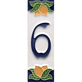 House Numbers, Italian Ceramic Numbers & Letters Tiles, Lemon Design, Tile Size: 10cm x 3.5cm, 3 to 6 Tile Frames (Number 6)