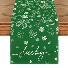 Artoid Mode Hat Clover Shamrocks Lucky St. Patrick's Day Table Runner, Seasonal Kitchen Dining Table Decoration for Home Party Decor 13x48 Inch